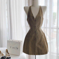 Đầm kaki nâu cổ yếm hở lưng - VD6352