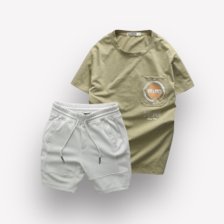 Set Bộ Nam Quần Short Thun Áo Thun Cổ Tròn Phối Túi In Hình - SBN090