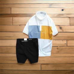 Set Bộ Nam Quần Short Kaki Phối Cúc Áo Thun Cổ Bẻ Thêu Chữ Phối Màu - SBN092