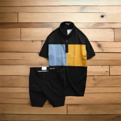 Set Bộ Nam Quần Short Kaki Phối Cúc Áo Thun Cổ Bẻ Thêu Chữ Phối Màu - SBN092