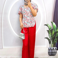 Đồ bộ quần dài áo tay ngắn phồng cồ vuông hoạ tiết - DBO4071