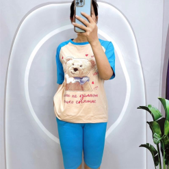 Đồ bộ quần ngố màu áo tay ngắn in hình gấu - DBO4123
