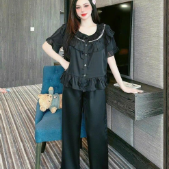 Đồ bộ quần dài pijama áo tay ngắn bèo cổ tròn viền bèo - DBO4124
