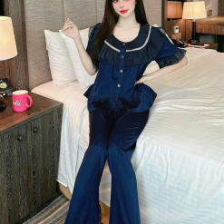 Đồ bộ quần dài pijama áo tay ngắn bèo cổ tròn viền bèo - DBO4124
