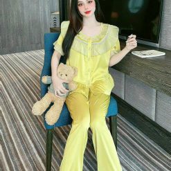 Đồ bộ quần dài viền bèo áo tay ngắn bèo cổ viền bèo màu trơn - DBO4149