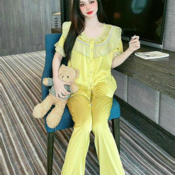 Đồ bộ quần dài viền bèo áo tay ngắn bèo cổ viền bèo màu trơn - DBO4149