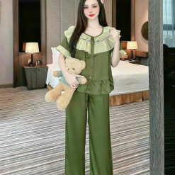 Đồ bộ quần dài viền bèo áo tay ngắn bèo cổ viền bèo màu trơn - DBO4149