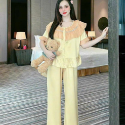 Đồ bộ quần dài viền bèo áo tay ngắn bèo cổ viền bèo màu trơn - DBO4149