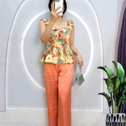 Đồ bộ quần dài trơn áo dây cổ vuông hoạ tiết - DBO4164