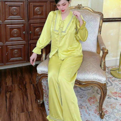 Đồ bộ quần dài áo tay dài bèo cổ v bèo màu trơn - DBO4174