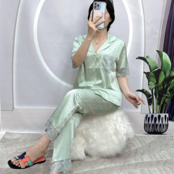 Đồ bộ pijama quần dài viền ren áo tay ngắn màu trơn - DBO4181