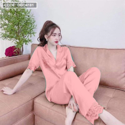Đồ bộ pijama quần dài viền ren áo tay ngắn màu trơn - DBO4181