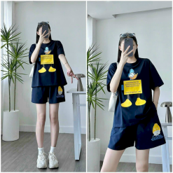 Set bộ thun nữ quần ngắn in hình vịt nháy mắt form rộng dưới 70kg - DBO4194