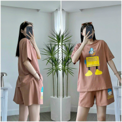 Set bộ thun nữ quần ngắn in hình vịt nháy mắt form rộng dưới 70kg - DBO4194