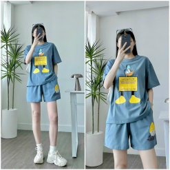 Set bộ thun nữ quần ngắn in hình vịt nháy mắt form rộng dưới 70kg - DBO4194