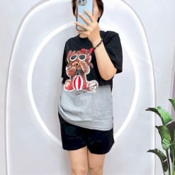 Đồ bộ thun nữ mặc nhà quần đùi in hình gấu đeo kính form to - DBO4195