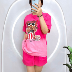 Đồ bộ thun nữ mặc nhà quần đùi in hình gấu đeo kính form to - DBO4195