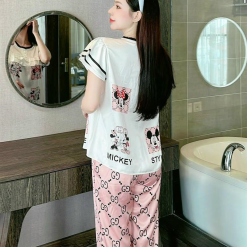 Đồ bộ pijama quần dài áo tay ngắn cổ tròn viền nhún in hoạ tiết - DBO4217