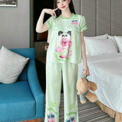 Đồ bộ pijama quần dài áo tay ngắn cổ tròn viền nhún in hoạ tiết - DBO4217