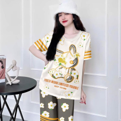 Đồ bộ quần lửng vải xước in hình cổ tròn - DBO4223