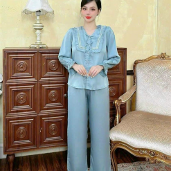 Đồ bộ quần dài áo tay dài bèo cổ vuông bèo màu trơn - DBO4228