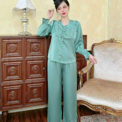 Đồ bộ quần dài áo tay dài bèo cổ vuông bèo màu trơn - DBO4228