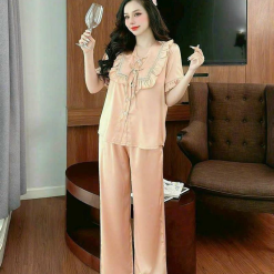 Đồ bộ quần dài áo tay ngắn bèo cổ vuông bèo màu trơn - DBO4229