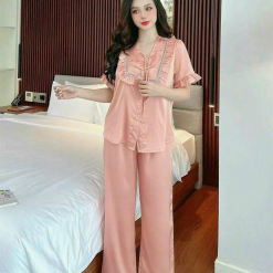 Đồ bộ quần dài áo tay ngắn bèo cổ vuông bèo màu trơn - DBO4229