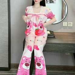 Đồ bộ pijama quần dài áo tay ngắn phồng cổ vuông ren in họa tiết - DBO4231