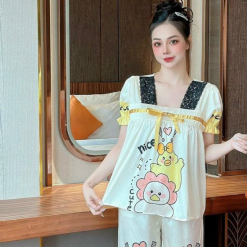Đồ bộ pijama quần dài áo tay ngắn phồng cổ vuông ren in họa tiết - DBO4231