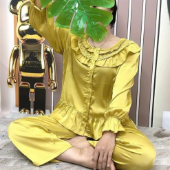 Đồ bộ quần dài áo tay dài bèo cổ tròn bèo màu trơn - DBO4233