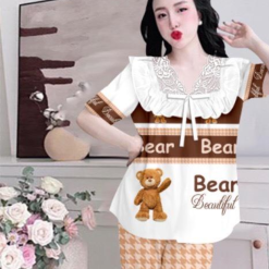 Đồ bộ satin mềm mịn quần dài tay ngắn cổ viền ren in hình - DBO4247