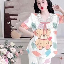 Đồ bộ satin mềm mịn quần dài tay ngắn cổ viền ren in hình - DBO4247