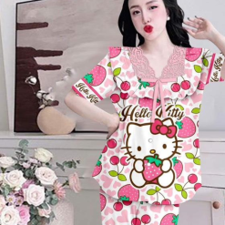 Đồ bộ satin mềm mịn quần dài tay ngắn cổ viền ren in hình - DBO4247