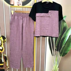 Đồ bộ vải vân mây quần dài ống suông áo tay ngắn phối màu - DBO4261