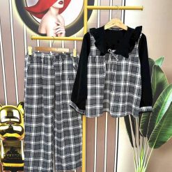 Đồ bộ mango quần dài áo tay dài cổ V bèo caro - DBO4263