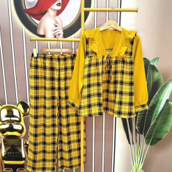 Đồ bộ mango quần dài áo tay dài cổ V bèo caro - DBO4263