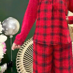 Đồ bộ mango quần dài áo tay dài cổ V bèo caro - DBO4263