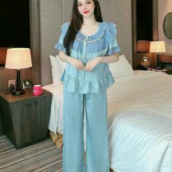 Đồ bộ quần dài áo tay ngắn bèo cổ tròn bèo màu trơn - DBO4269