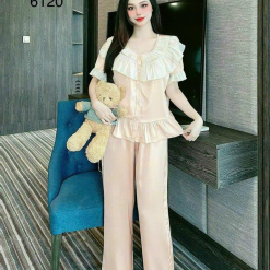 Đồ bộ quần dài áo tay ngắn bèo cổ tròn bèo màu trơn - DBO4269