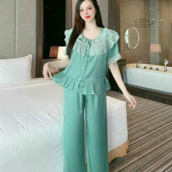 Đồ bộ quần dài áo tay ngắn bèo cổ tròn bèo màu trơn - DBO4269