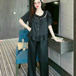 Đồ bộ quần dài áo tay ngắn bèo cổ tròn bèo màu trơn - DBO4269