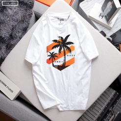 Áo Thun Nam Cổ Tròn Màu Trắng Rurumen In Hình Cây Dừa (Có size to 4x) - AB501