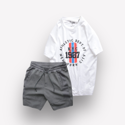 Giá sỉ set Bộ Nam Quần Short Thun Viên Sọc Ngang Phối Áo Cổ Tròn Rurumen Màu Trắng In Hình