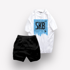 Set Bộ Nam Quần Short Thun Viên Sọc Ngang Phối Áo Cổ Tròn Rurumen Màu Trắng In Hình - SBN095