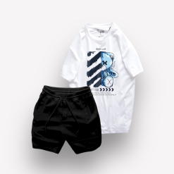 Set Bộ Nam Quần Short Thun Viên Sọc Ngang Phối Áo Cổ Tròn Rurumen Màu Trắng In Hình - SBN095
