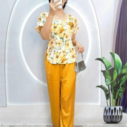 Đồ bộ satin quần dài áo tay ngắn cổ vuông in hoạ tiết - DBO4301