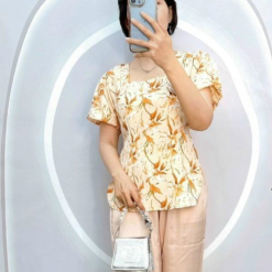 Đồ bộ satin quần dài áo tay ngắn cổ vuông in hoạ tiết - DBO4301