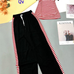 Đồ bộ thun cotton quần dài viền sọc áo cổ tròn sọc tay ngắn - DBO4320