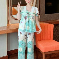 Đồ bộ pijama quần dài áo tay ngắn cổ vuông ren in họa tiết - DBO4337